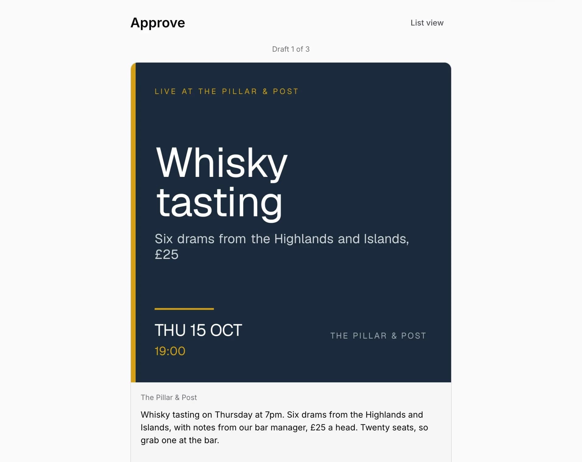The Approve screen in Venuesmith showing a draft post for a whisky tasting on Thursday 15 October at 7pm, six drams for £25, with its caption below
