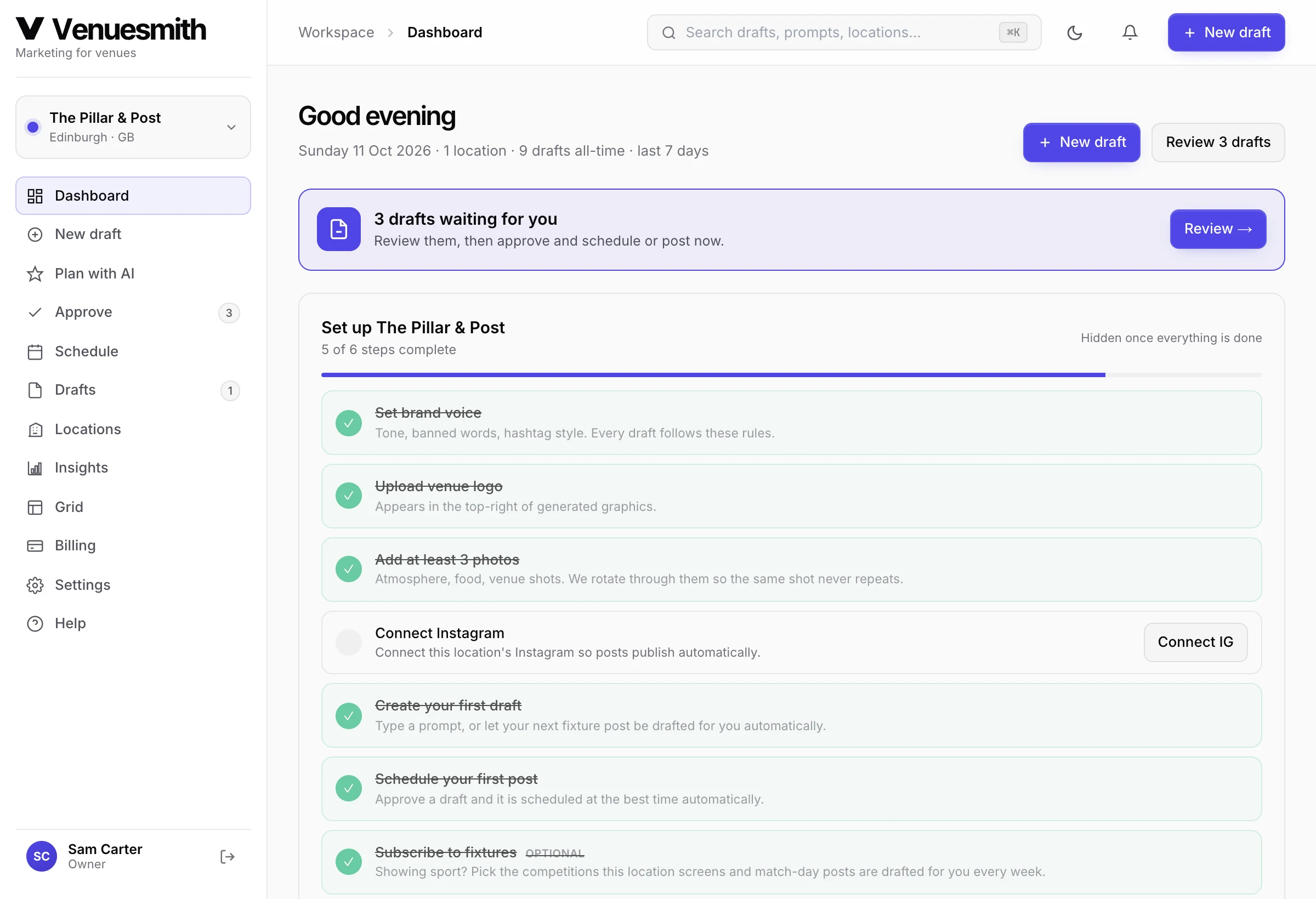 The dashboard with the setup checklist