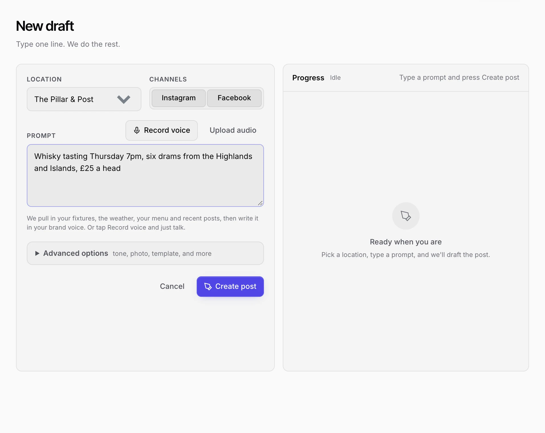 The New draft page with a prompt typed in