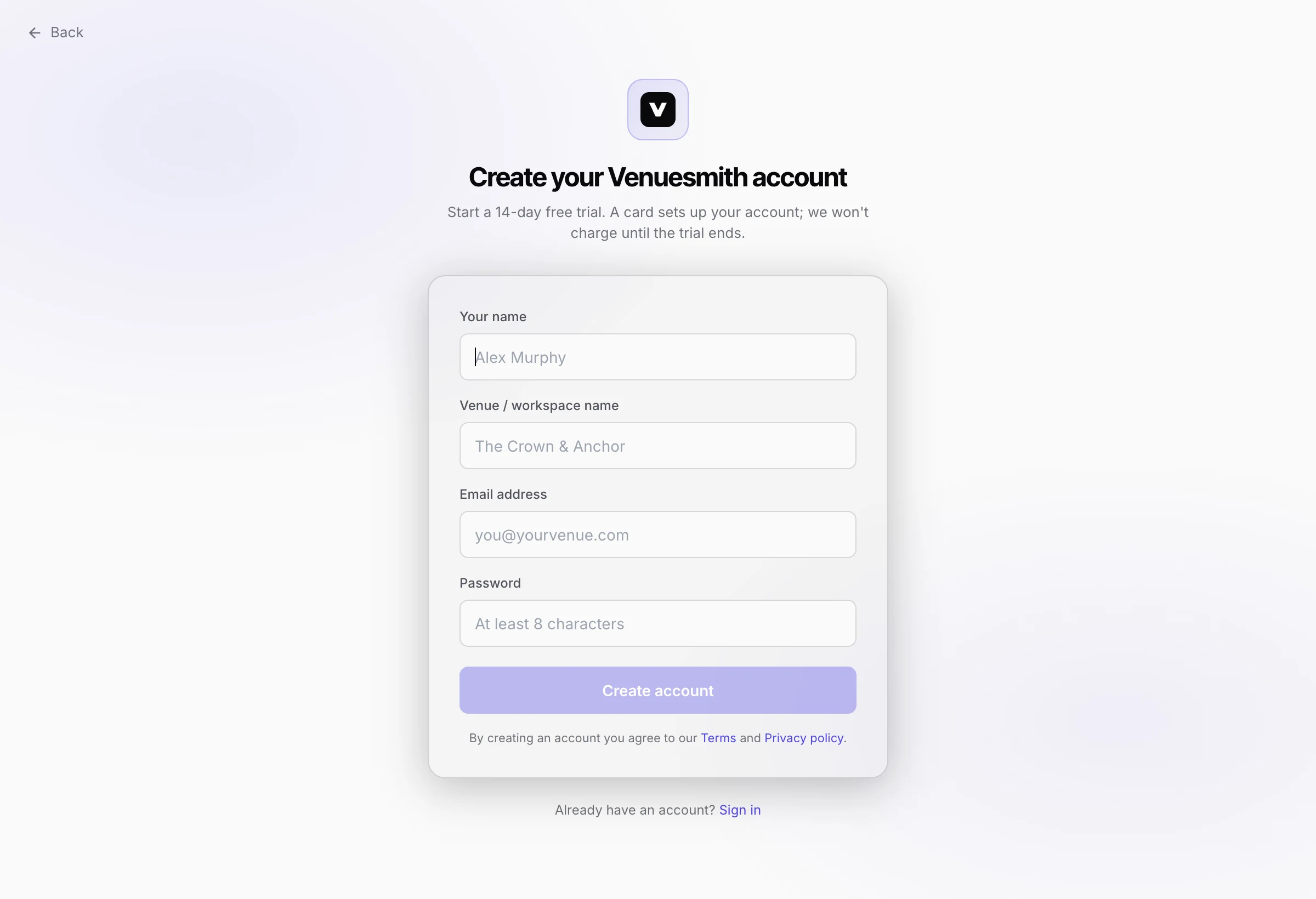 The sign-up form